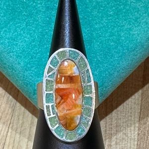 Sincerely Southwest spiny oyster and turquoise sterling silver ring, size 9